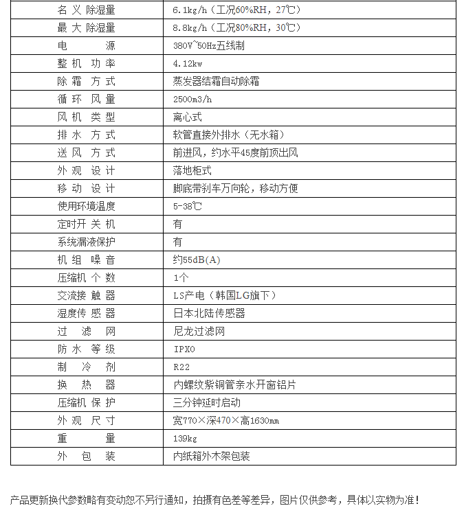 HJ-8192H五金仓库防锈除湿机参数表